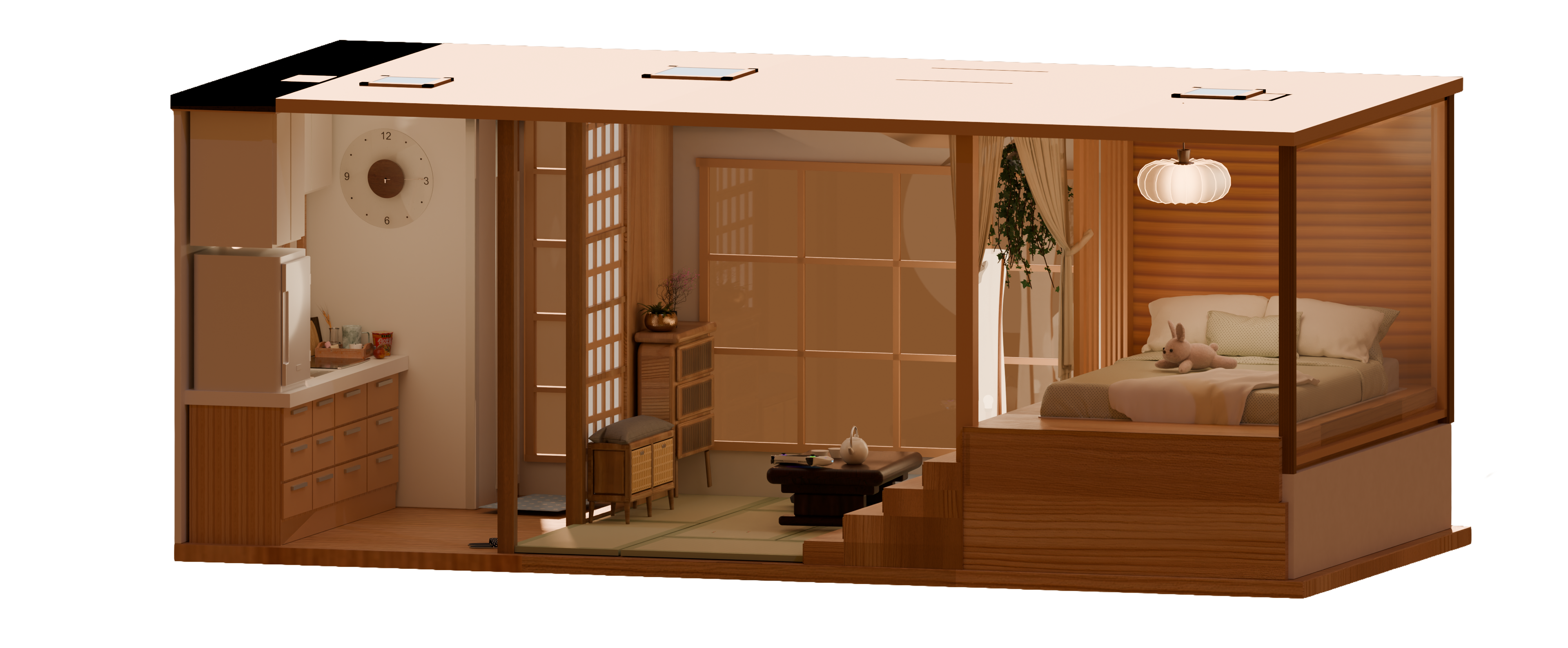 Drift cutaway — full cabin layout from galley to bed