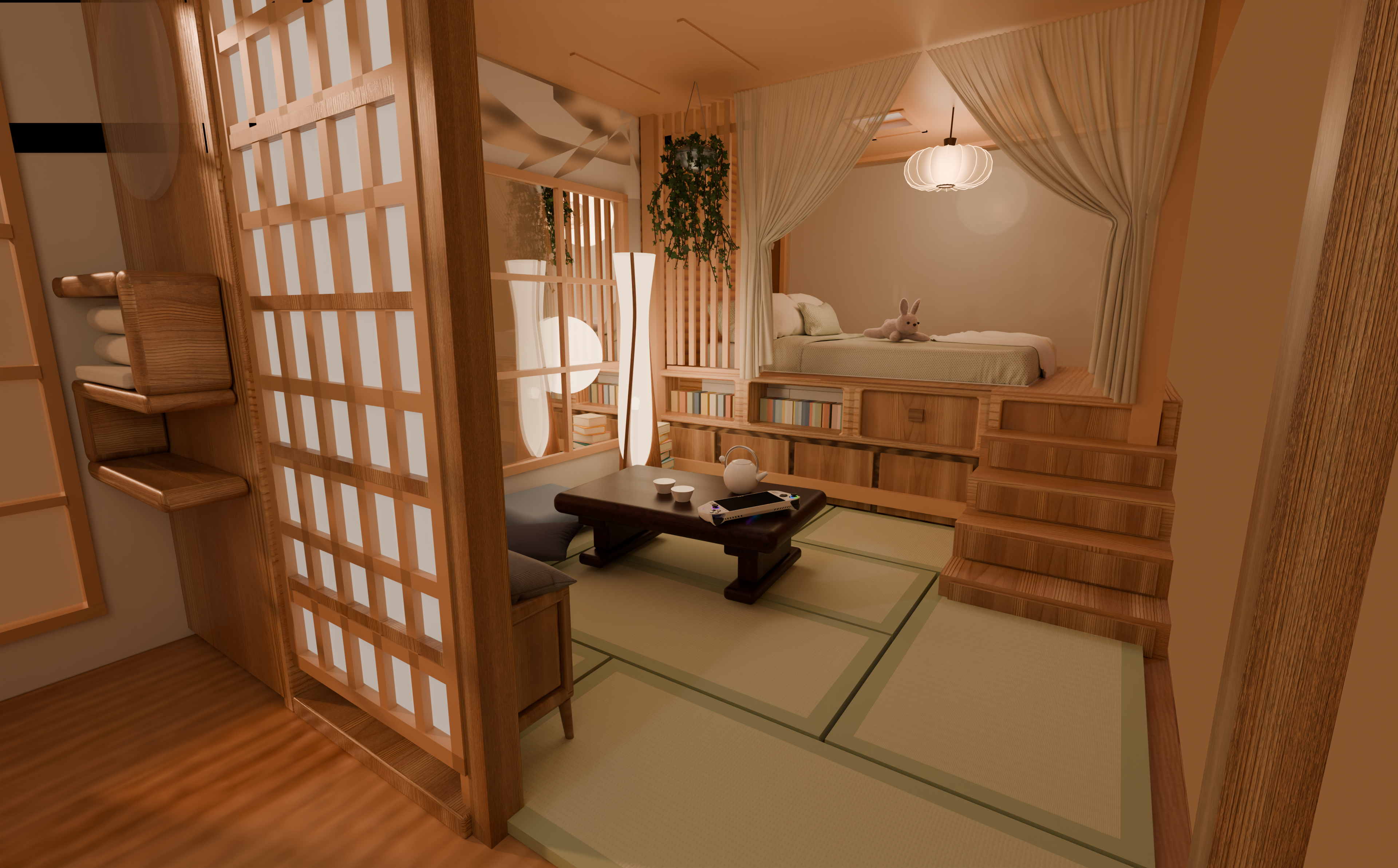 Drift interior — tatami lounge, tea table, raised bed