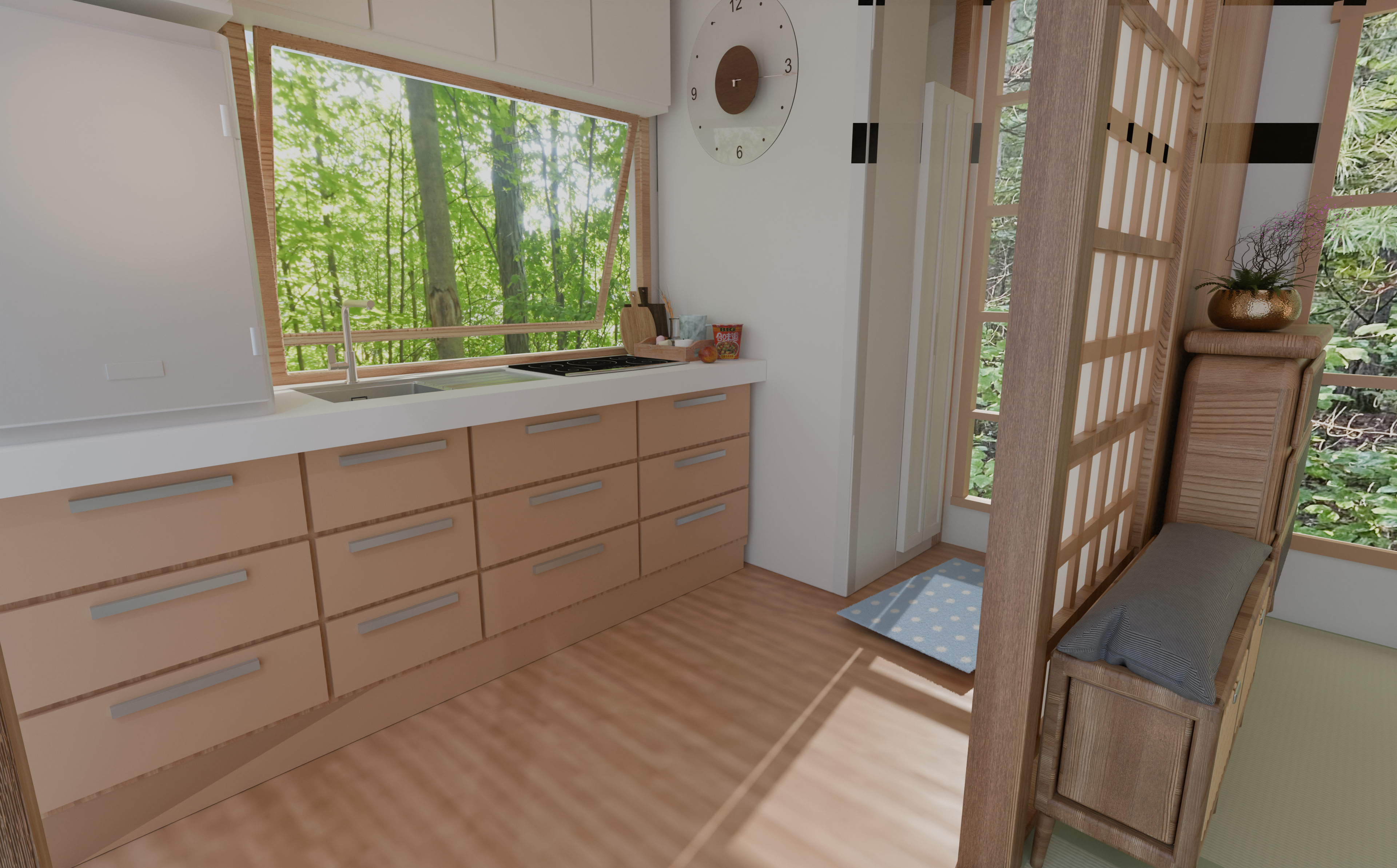 Drift galley — compact kitchen with a forest window