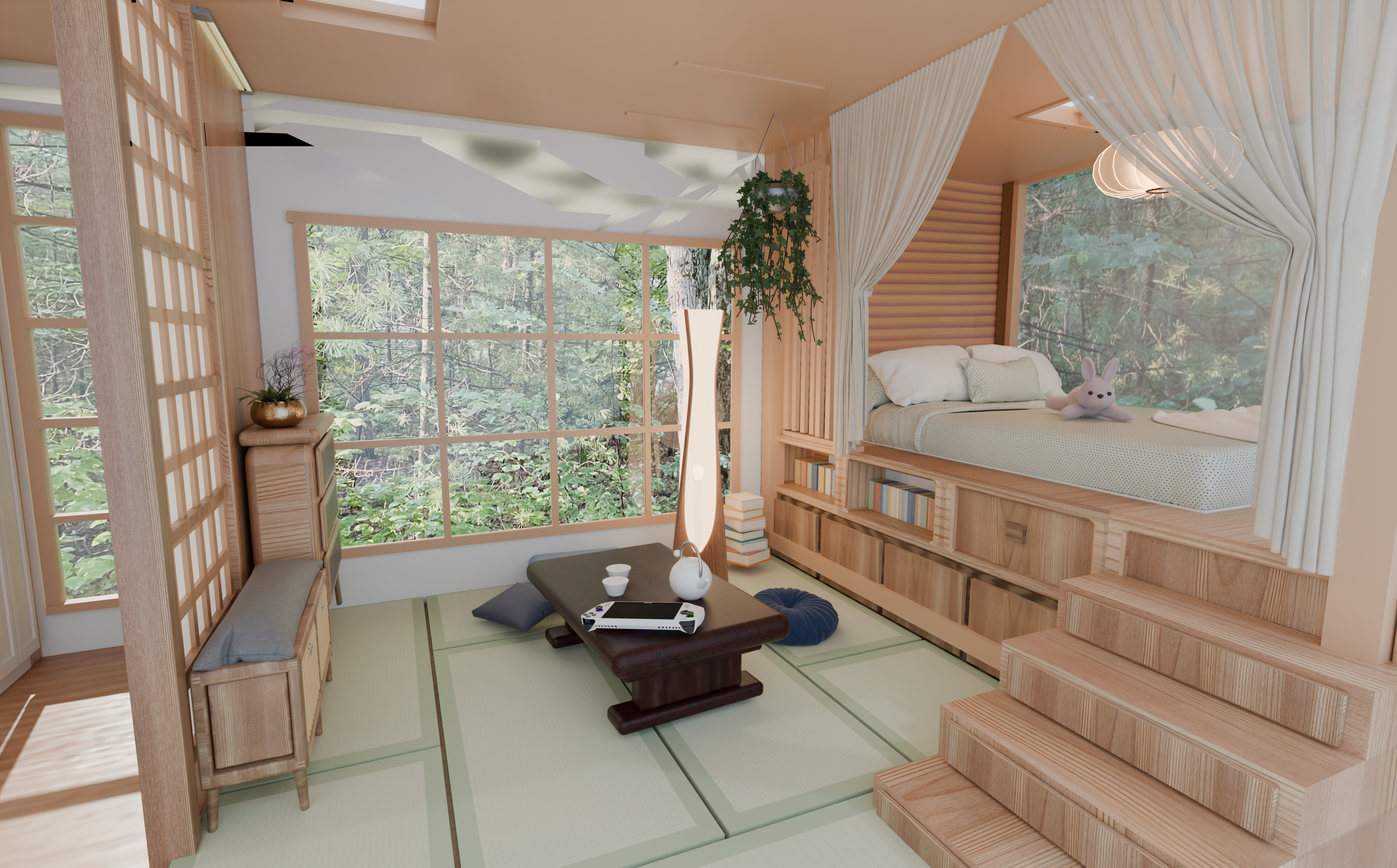 Drift interior by day — tatami lounge open to a forest
