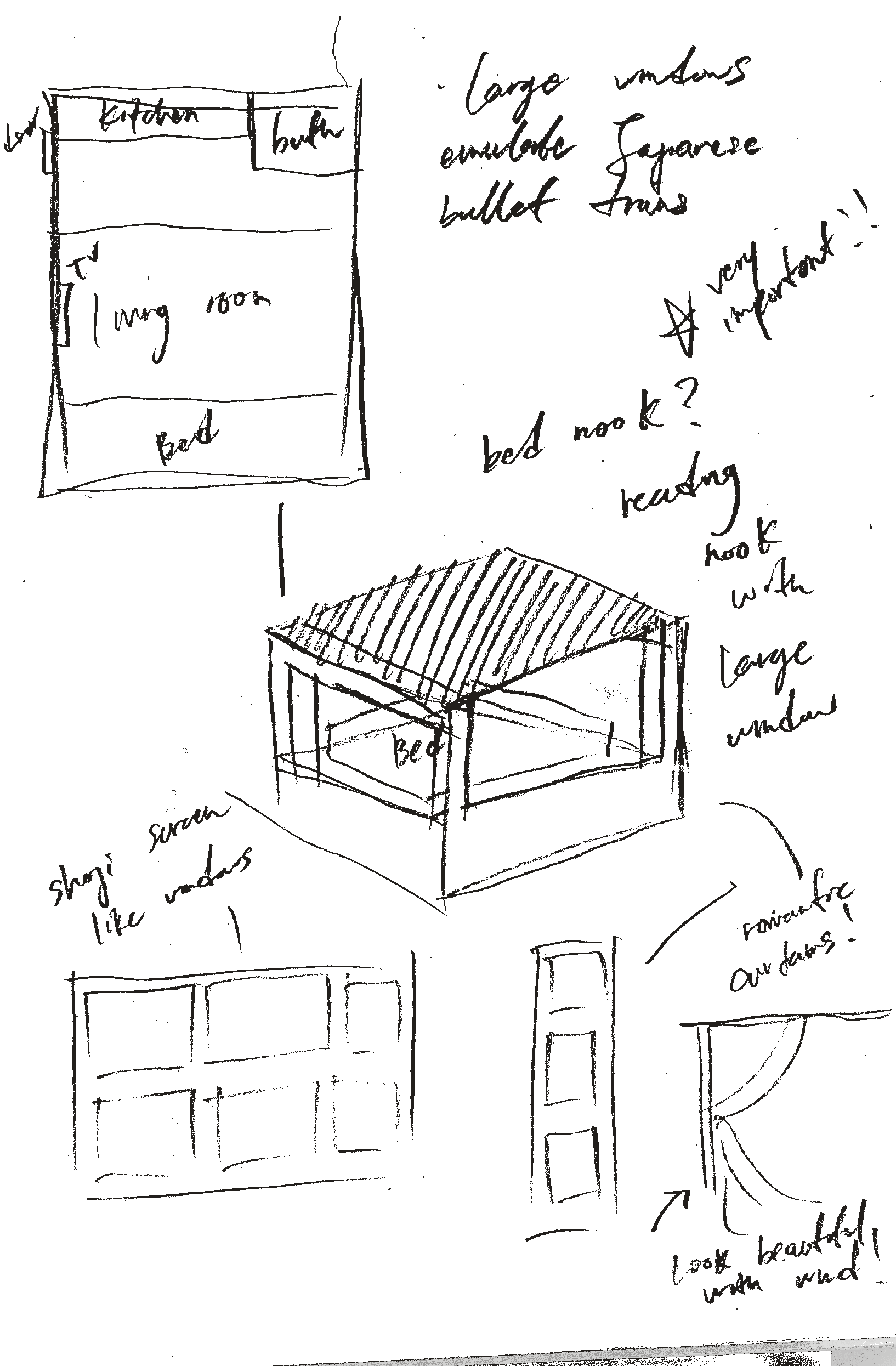 Final concept sketch — floor plan, bed nook, shoji windows