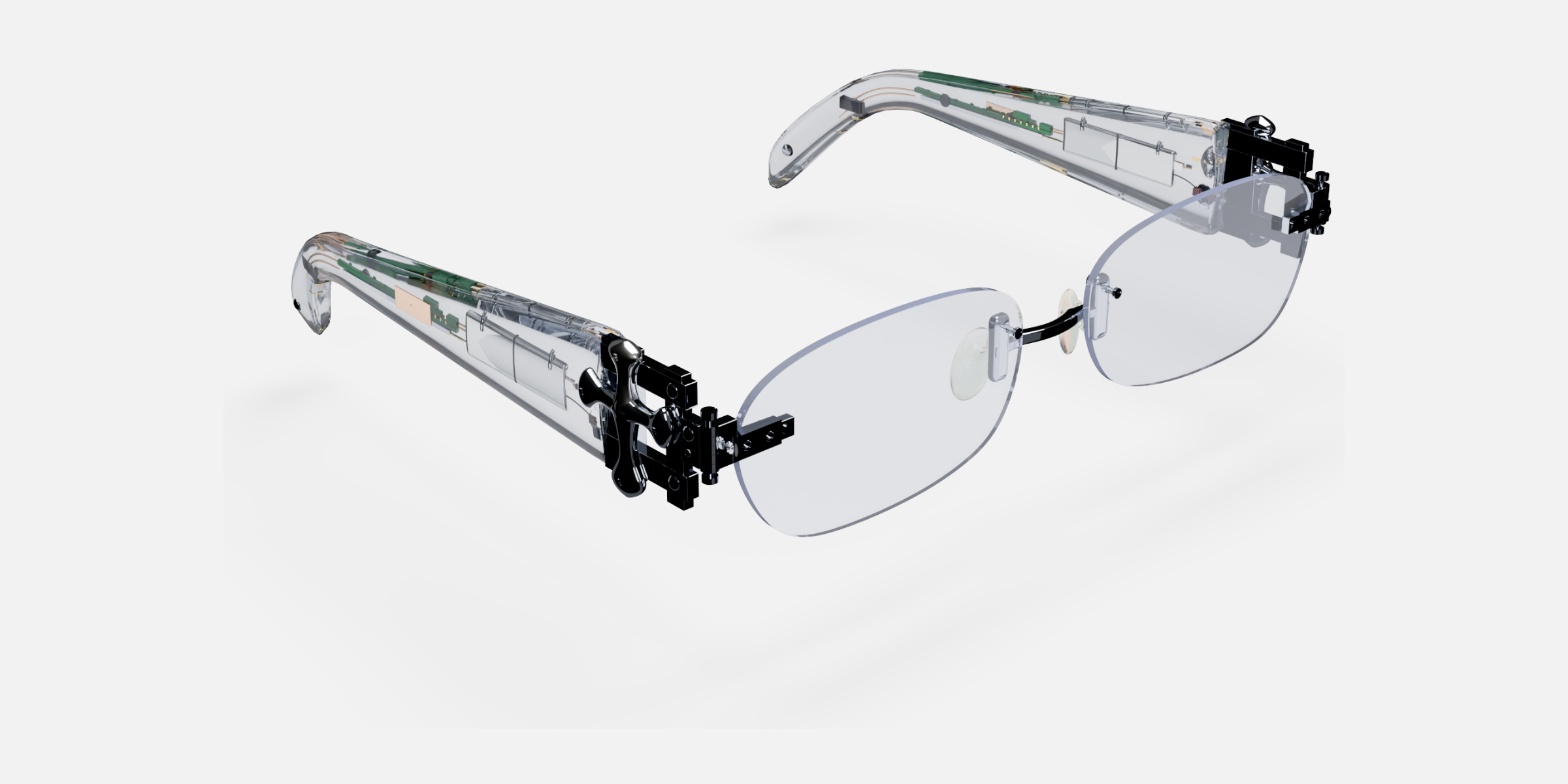 Iris — rimless smart eyewear with visible electronics in the temples