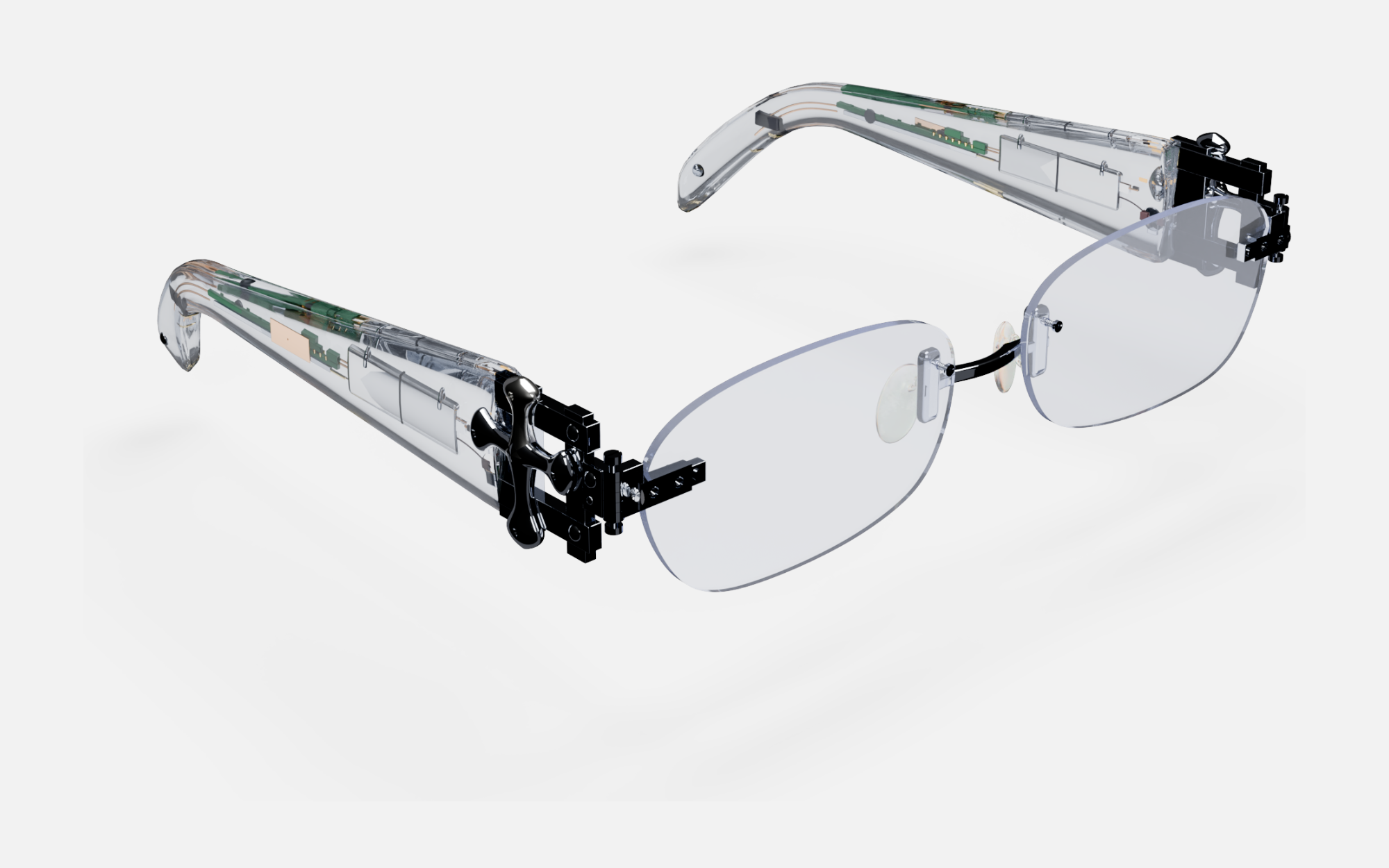 Iris prototype render — rimless frame with electronics visible through the clear temples